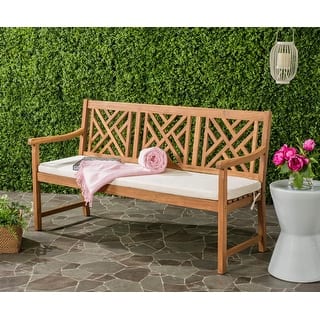 SAFAVIEH Bradbury Outdoor Solid Wood 3-Seat Bench with Cushion - 23.4" x 60.6" x 34.7"