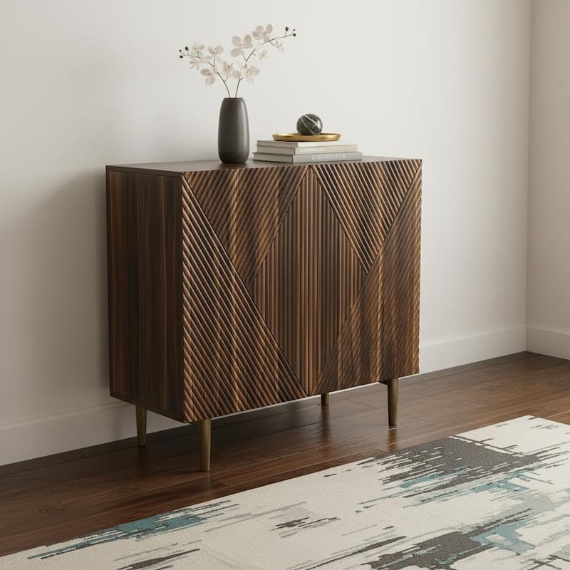 HomeRoots 32" Brown Wood Carved Geometric Sideboard With Two Doors - 31.50 in. x 30.70 in. x 15.75 in. - 31.50 in. x 30.70 in.  x 15.75 in.