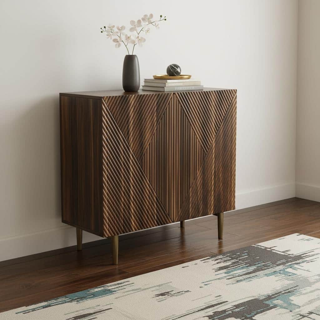 HomeRoots 32" Brown Wood Carved Geometric Sideboard With Two Doors - 31.50 in. x 30.70 in. x 15.75 in.