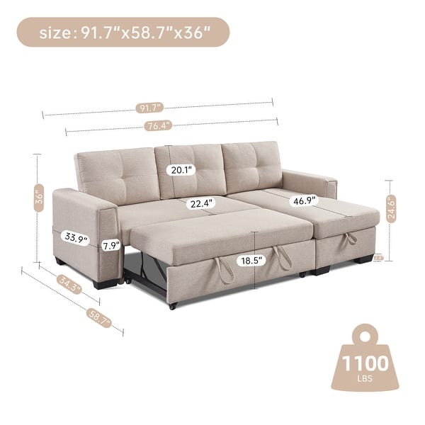 Pull Out Sleeper Bed L Shape Convertible Sectional Sofa Storage Chaise ...