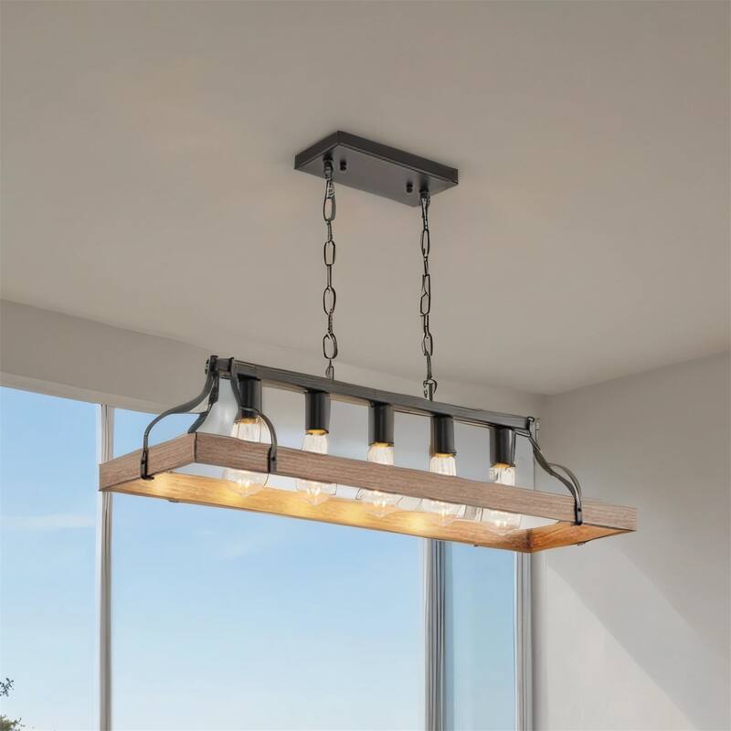 5-Light Black & Walnut Pendant - Adjustable Farmhouse Chandelier