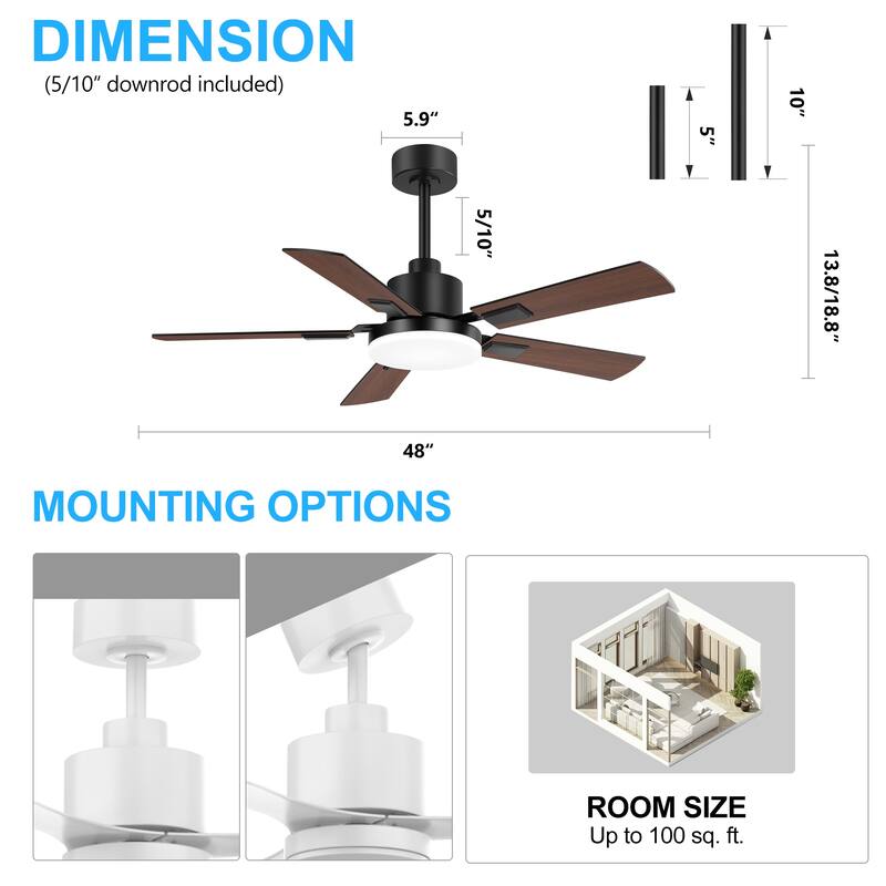 48/52/60-inch Modern Ceiling Fan with LED Light and Remote (3/5/6 Reversible Blades)