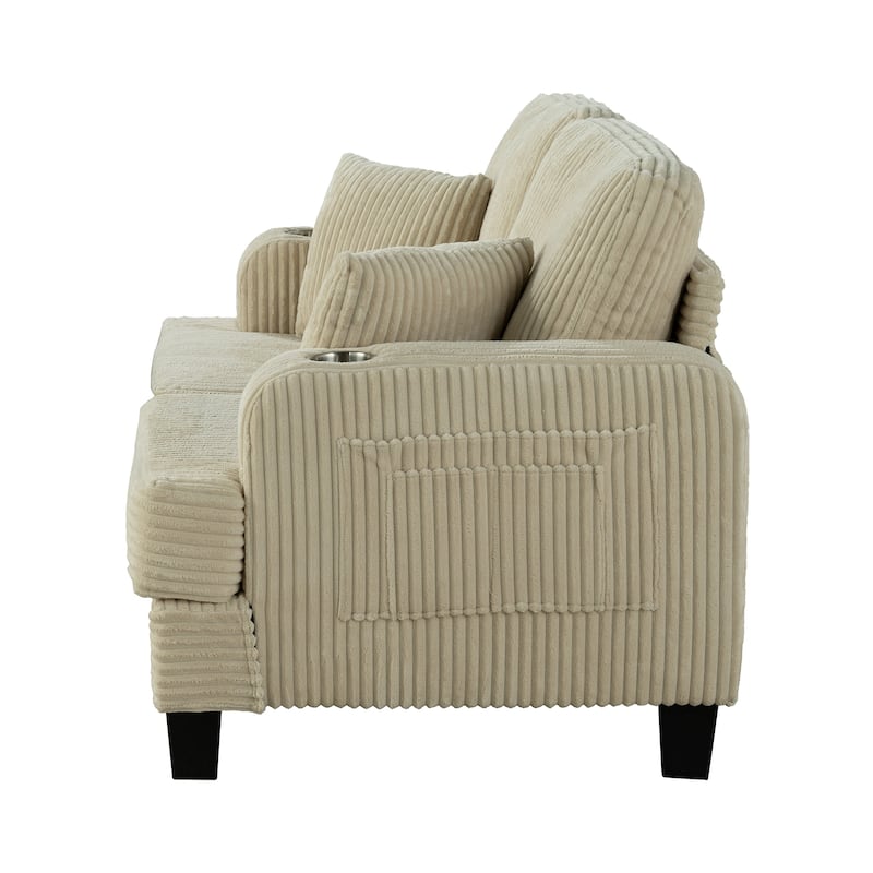 61" Contemporary Corduroy Loveseat Sofa with 2 Pillows and Cup Holder