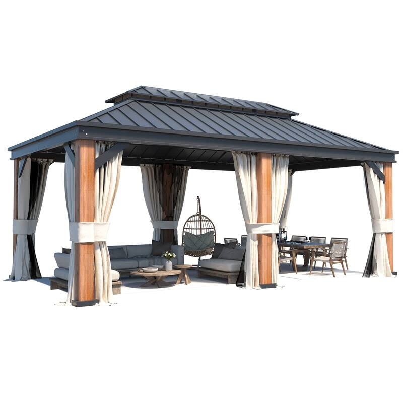 EROMMY Hardtop Gazebo Metal Gazebo with Faux Wood Grain Aluminum Frame, Outdoor Patio Gazebo Pergola