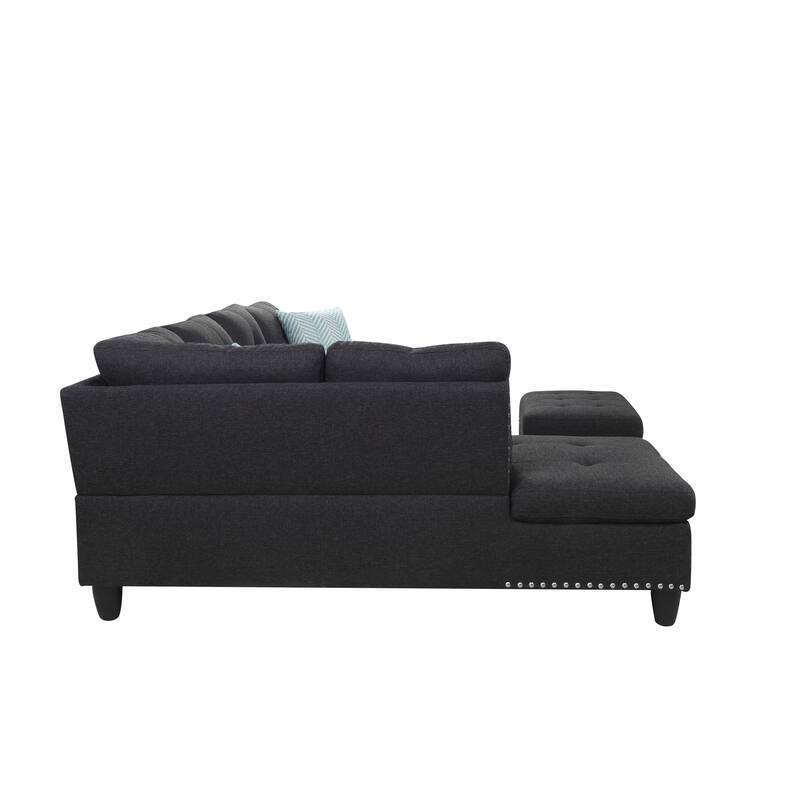 98" Wide Left Hand Facing Sofa & Chaise with Ottoman in Charcoal Grey Linen