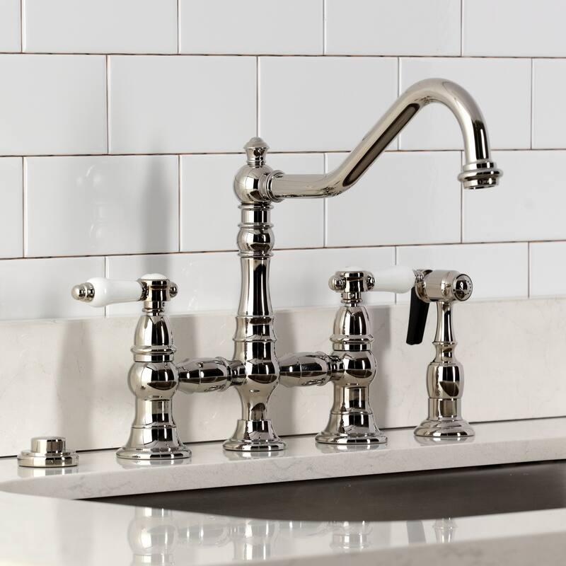 Kingston Brass Bel-Air Two-Handle 4-Hole Deck Mount Bridge Kitchen Faucet with Brass Side Sprayer