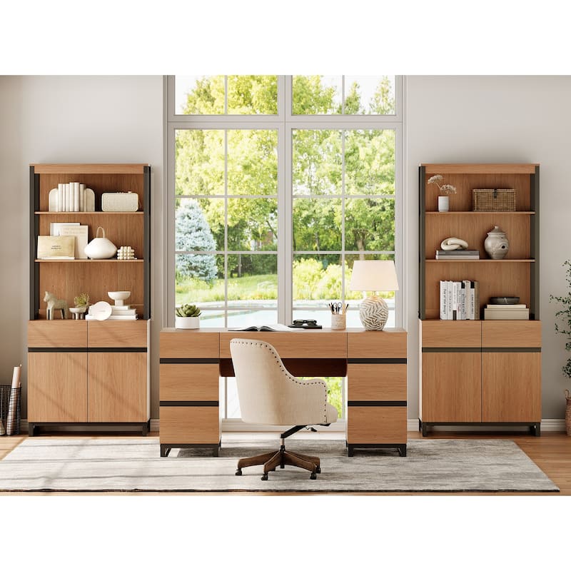 WAMPAT Modern 72" Tall Bookcase with Metal Base and Adjustable Shelves, Library Book Shelf with Storage Cabinet