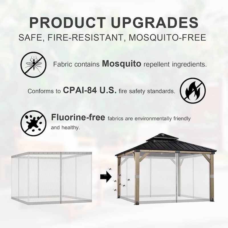 Aoodor 10'x10' Replacement Gazebo Mosquito Netting 4 Panels Sidewalls