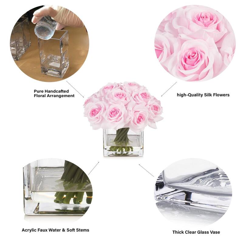 Enova Home Artificial Silk Rose Flowers in Cube Glass Vase with Faux Water for Home Office Decoration - N/A