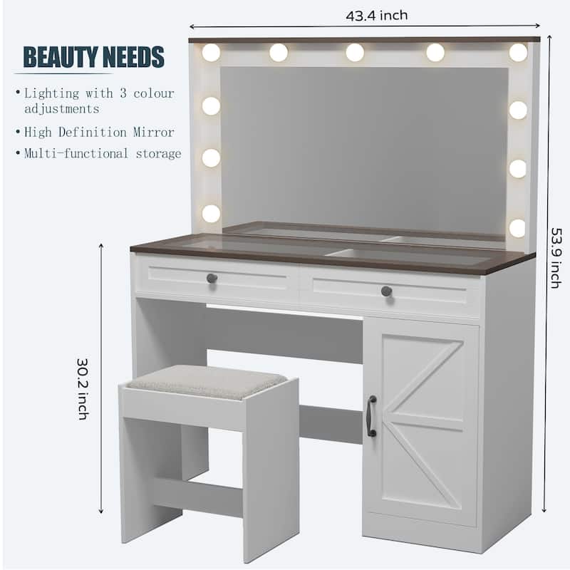 Homy Casa 43.4" Makeup Vanity Table with LED Light & 3 Drawers