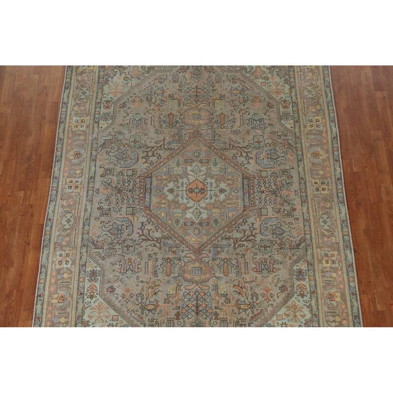 Hand Knotted Oriental 100% Wool Carpet Traditional Medallion Greys & Charcoal Tabriz Area Rug - 9' 8'' X 6' 9''
