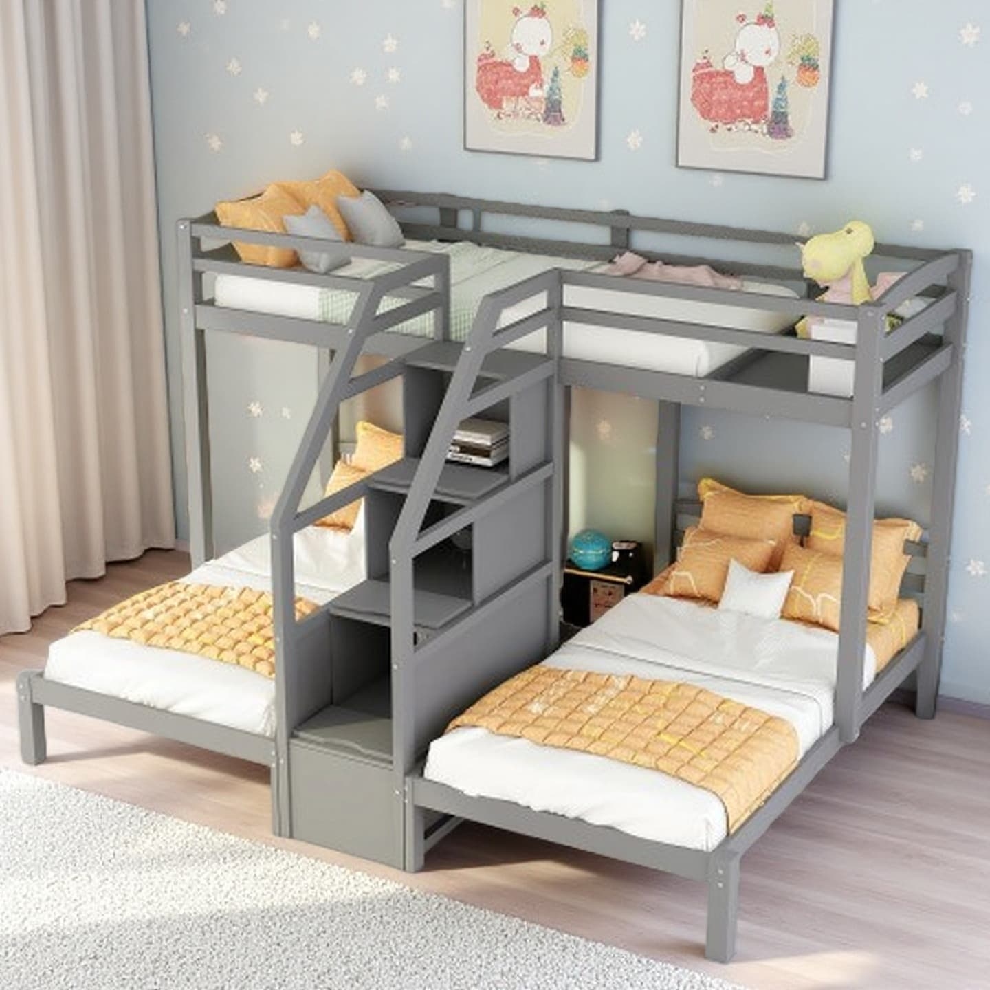 Triple Twin Bunk Bed Frame with Storage Steps and Center Drawer, Solid Wood Kids Bed with Stair Access
