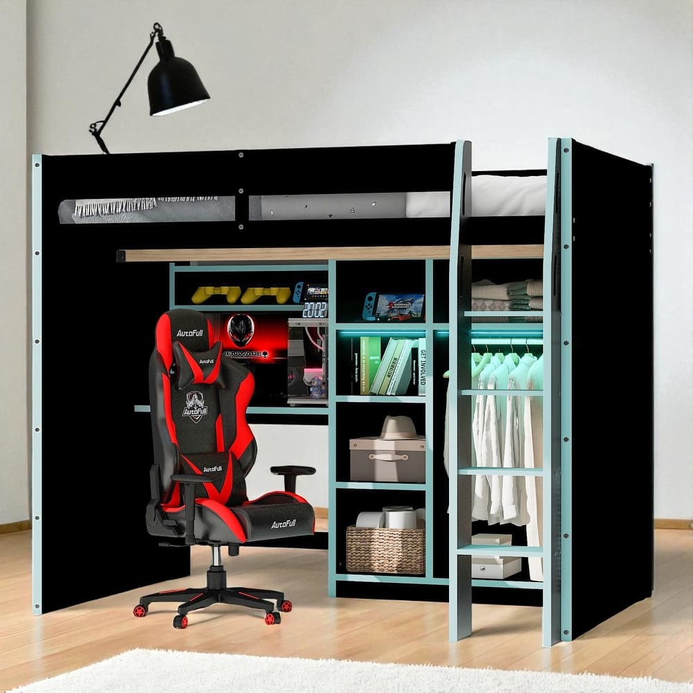 Full Size Wood Loft Bed with Desk, Open Wardrobe, Shelves and RGB LED Lights for Gaming & Storage