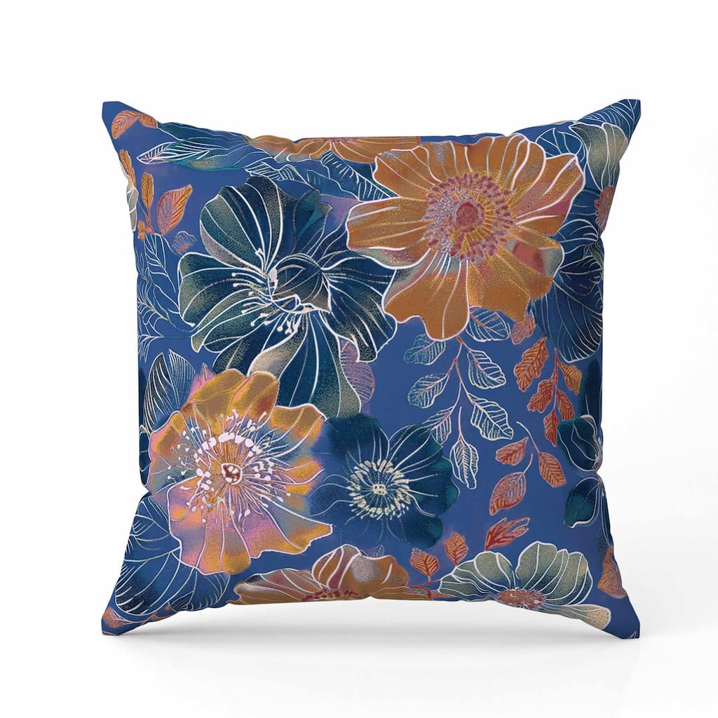 Painted Petalscape Indoor/Outdoor Reversible Throw Pillow Blue and Rust