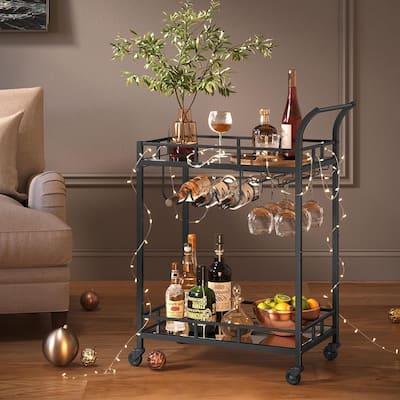 Home Bar Cart with 2 Mirrored Shelves, Wine Holders, and Glass Holders
