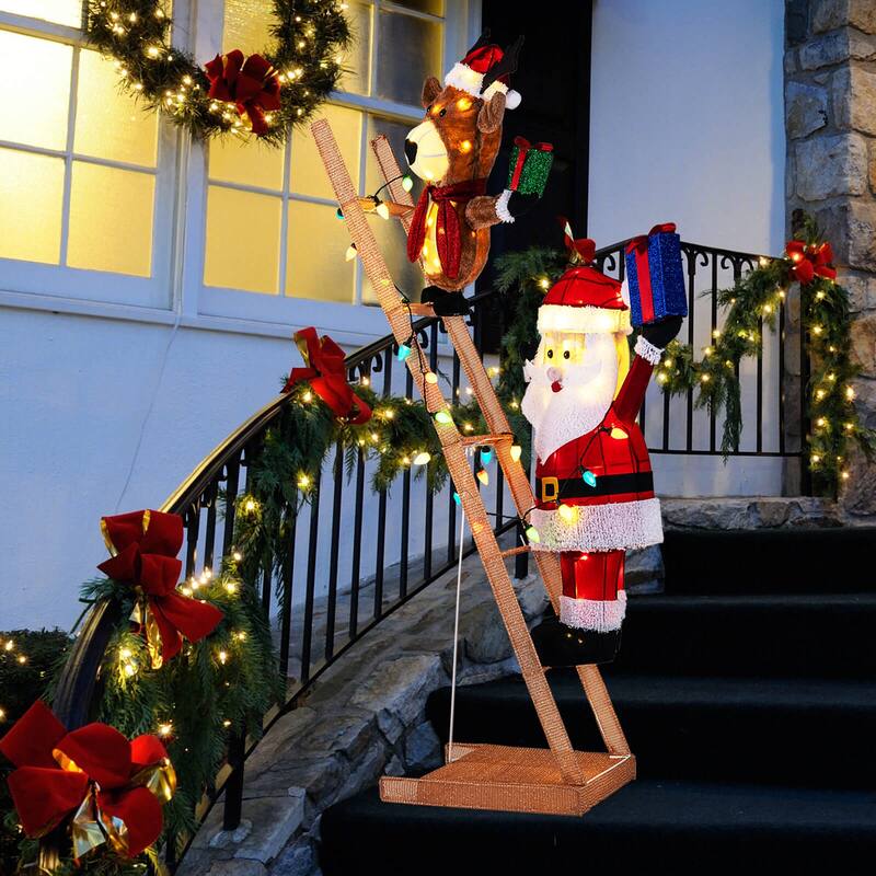 Costway 5.5 FT Lighted Reindeer & Santa Claus on Ladder with 100 LED - as pic shows - See Details
