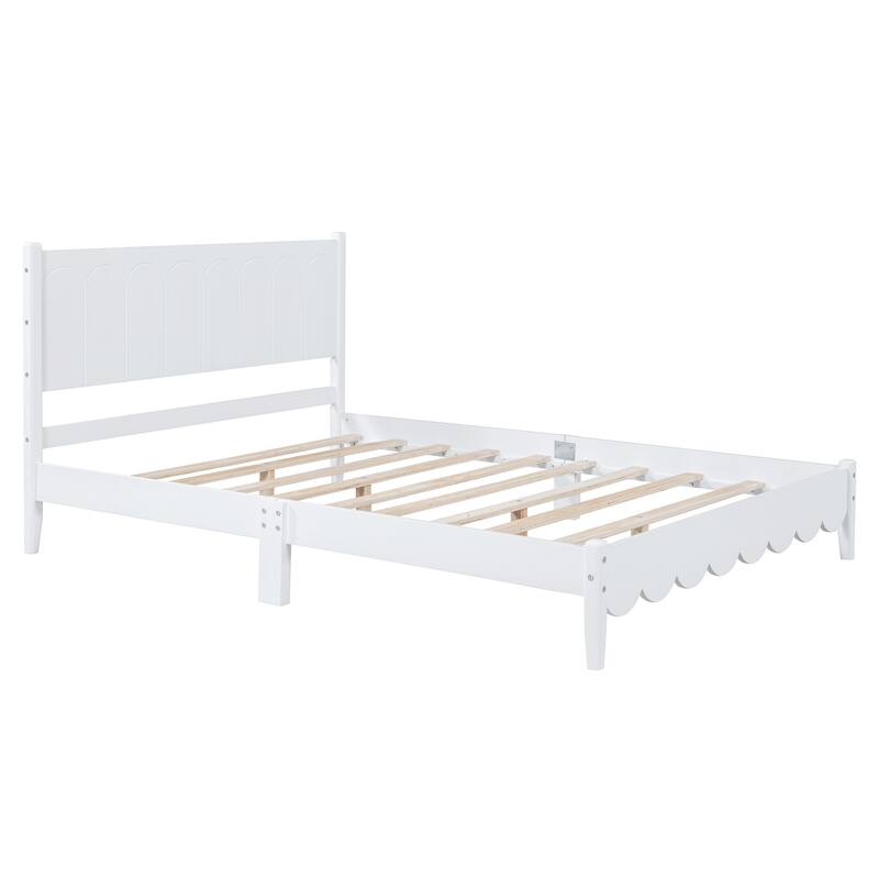 Wood Platform Bed Frame, Retro Style Bed with Rectangular Headboard
