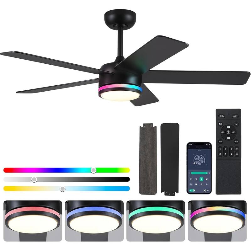 46 Inches Downrod Ceiling Fan with Light and Remote,Quiet DC Motor,Reversible Blades - 46 Inches - Black-RGB
