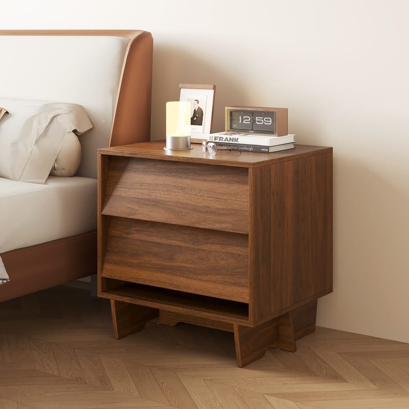 22" Mid-Century Modern 2-Drawer Walnut Nightstand, Bedroom Bedside Table & Living Room Side Table