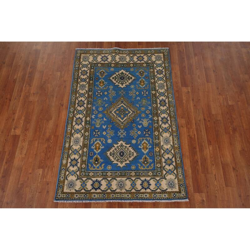 Blue Geometric Kazak Rug Handmade Oriental Wool Carpet - 3'4" x 5'0"