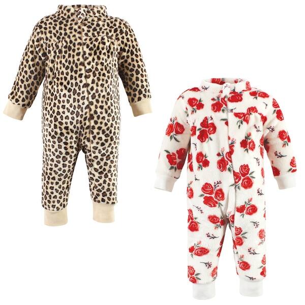 slide 1 of 1, Hudson Baby Infant Girl Plush Jumpsuits, Red Rose Leopard 0-3 Months - Red Rose Leopard