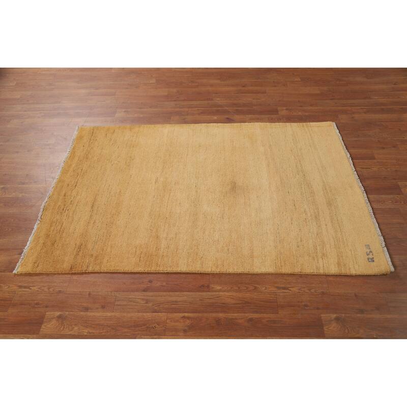 Modern Gabbeh Oriental Foyer Rug Hand-Knotted Yellow Wool Carpet - 3'3"x 4'11"