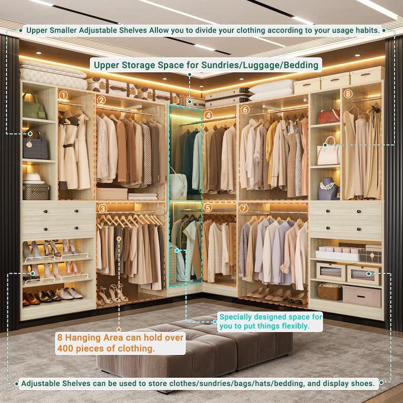 Rackcog Freestanding Corner Closet System Set, Closet Organizer with Hanging Rods and Drawers