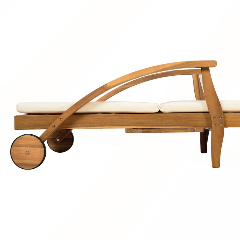 Acacia Wood Wheeled Chaise Lounge Adjustable Backrest Cushion
