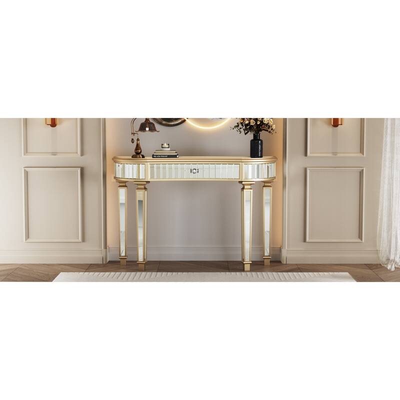 Roomfitters 47" Half-Moon Mirrored Console Table, Fluted Glass Entryway Vanity with Crystal Knob Drawer