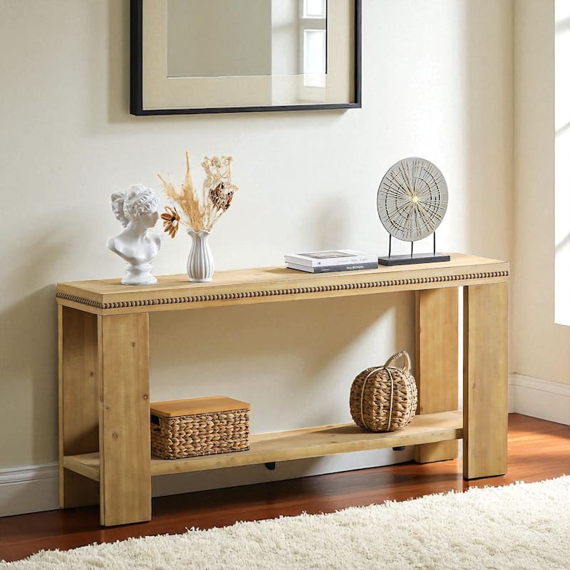 63" Boho Console Table with Beaded Trim, 2-Tier Rustic Farmhouse Entryway Table with Storage Shelf - Natural