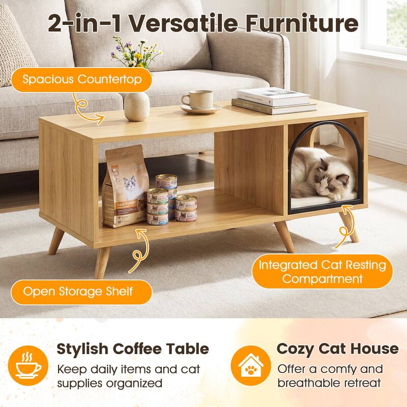 Gymax 40'' Coffee Table w/ Cat House 2-in-1 Farmhouse Cat Furniture