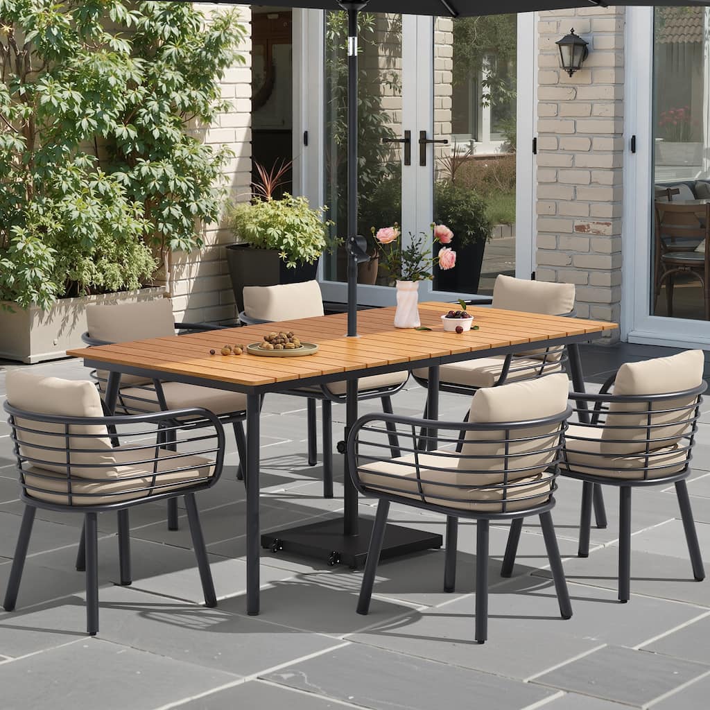 7-Piece Set Outdoor Aluminum Dining Table with Umbrella Hole and Cushioned Dining Chairs