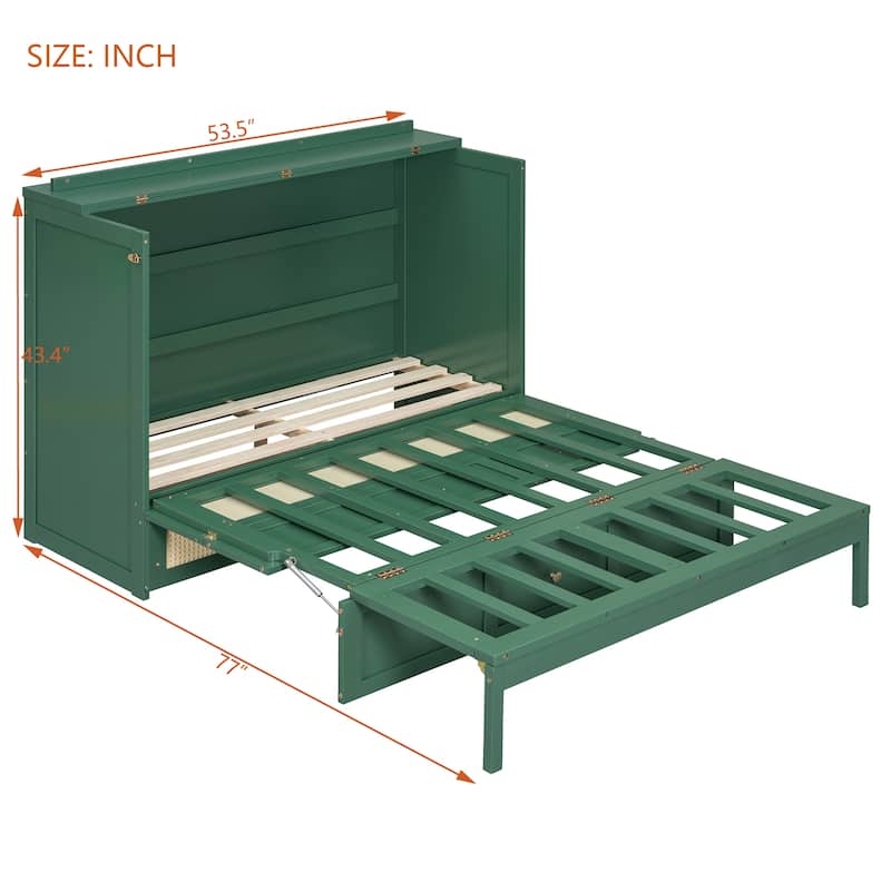 Convertible Full Size Murphy Bed Cabinet with Rattan Accents and Storage Drawer by Harper&Bright Designs