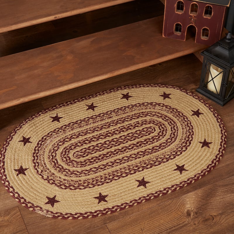 Burgundy Tan Jute Rug Oval Stencil Stars w/ Pad 24x36 - 2' x 3' Oval