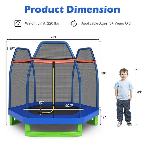 dimension image slide 1 of 3, Costway 7 FT Kids Trampoline with Safety Enclosure Net Spring Pad