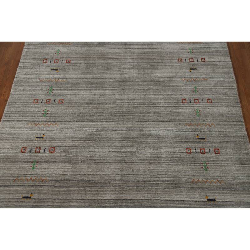 Hand Knotted Oriental 100% Wool Carpet Tribal Animal Pictorial Greys & Charcoal Gabbeh Area Rug - 7' 9'' X 5' 1''