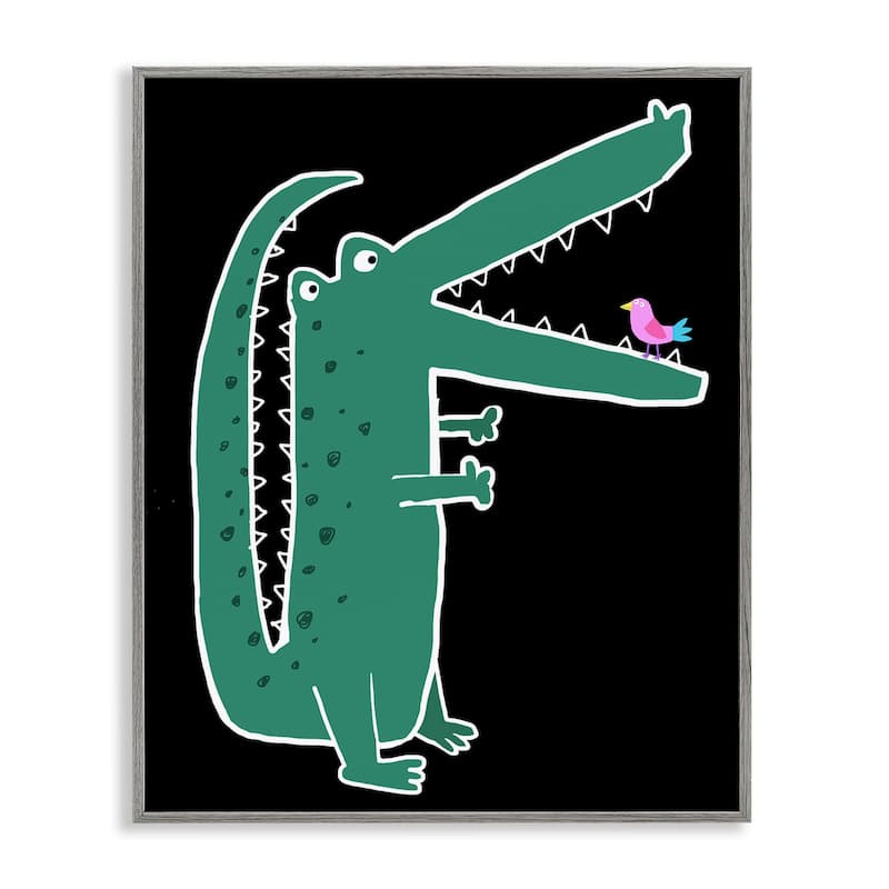 Stupell Alligator & Bird on Black Framed Giclee Art Design By Carla Daly - 16 x 20 - Grey