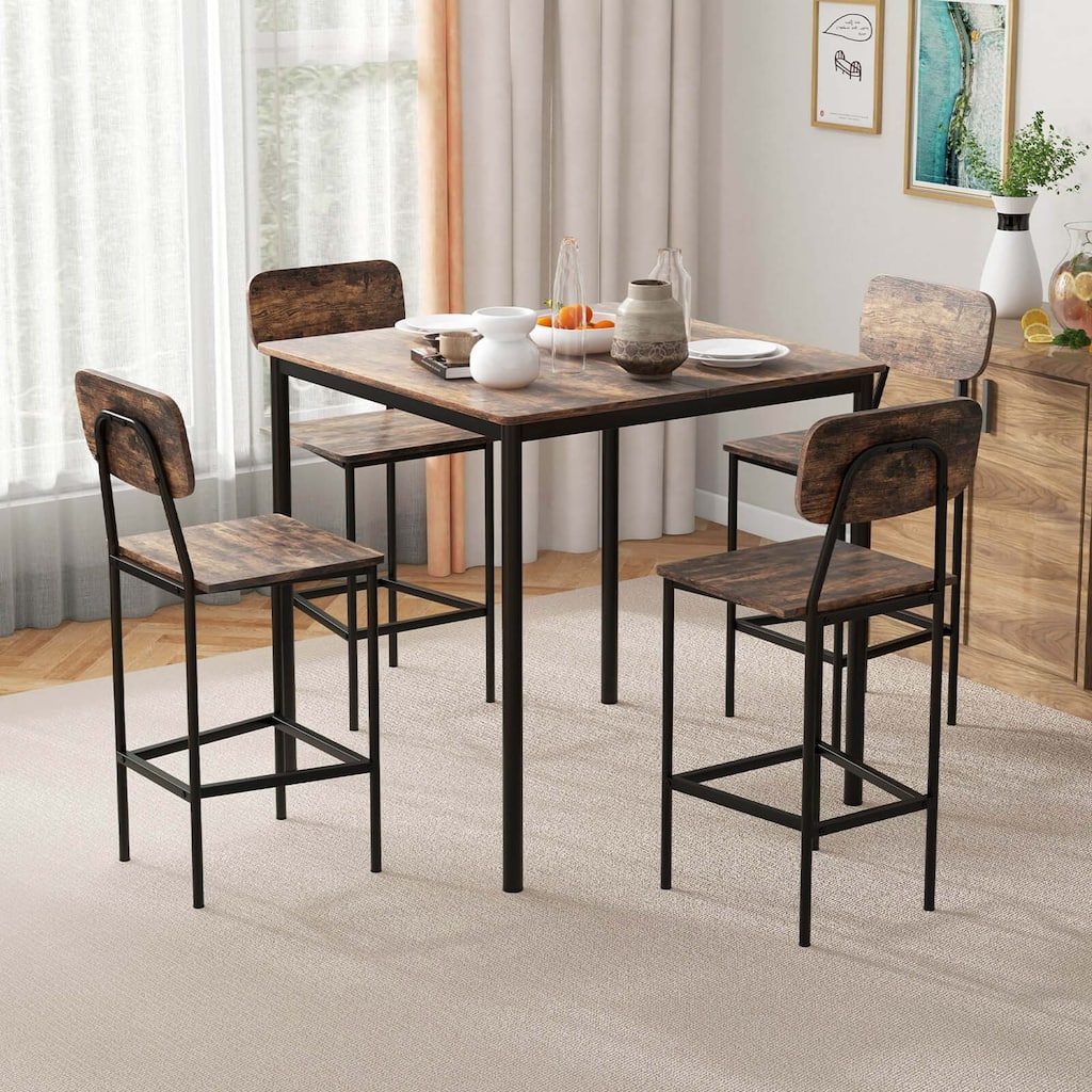 5 PCS Industrial Dining Table Set Counter Height Table & 4 Bar Stools
