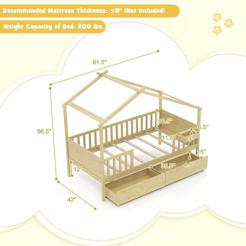 Gymax Twin House Bed w/ 2 Storage Drawers Roof & Fence Rails Headboard