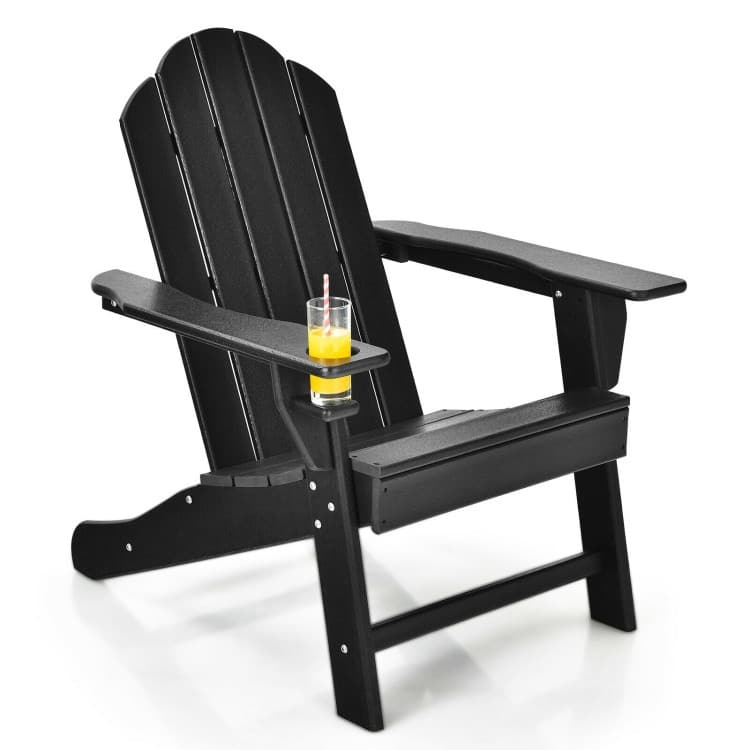 Outdoor Adirondack Chair with Built-in Cup Holder for Backyard Porch - 34" x 31" x 37" (L x W x H) - Black