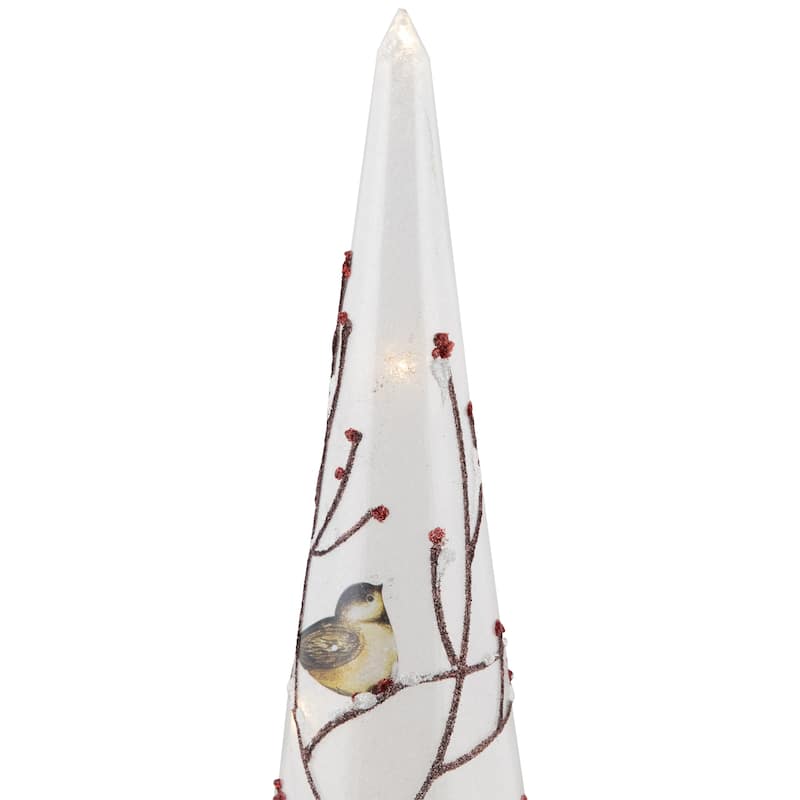 LED Lighted Birds on Branches Frosted Glass Cone Christmas TreeDecoration - 16"