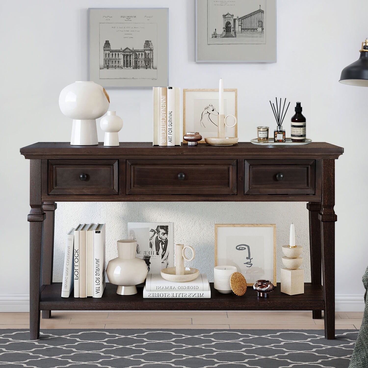 Vintage Elegant Wooden Console Table with Three Drawers and a Bottom Shelf