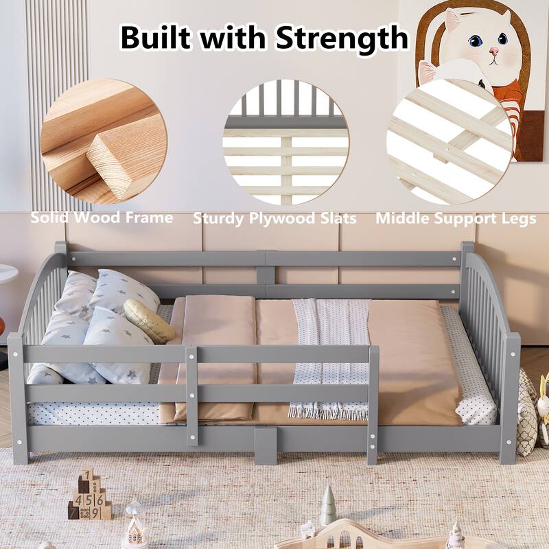 Montessori Floor Bed with Fence - Full/Twin Solid Wood, Slats & Safety Guardrails, Easy Assemble