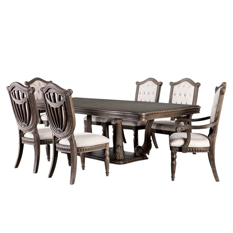Rectangular Wooden Dining Table with Upholstered Seat in Weathered Oak and Beige - 7-Piece