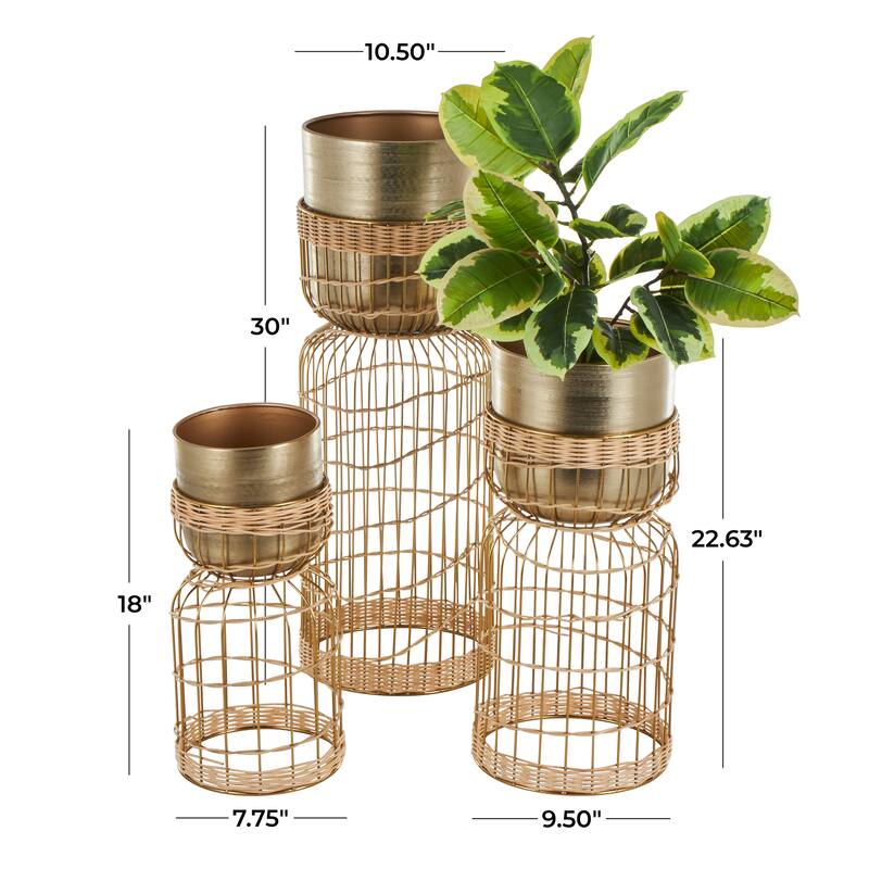Silver or Gold Metal Caged Wire Planter with Woven Seagrass Accents (Set of 3)