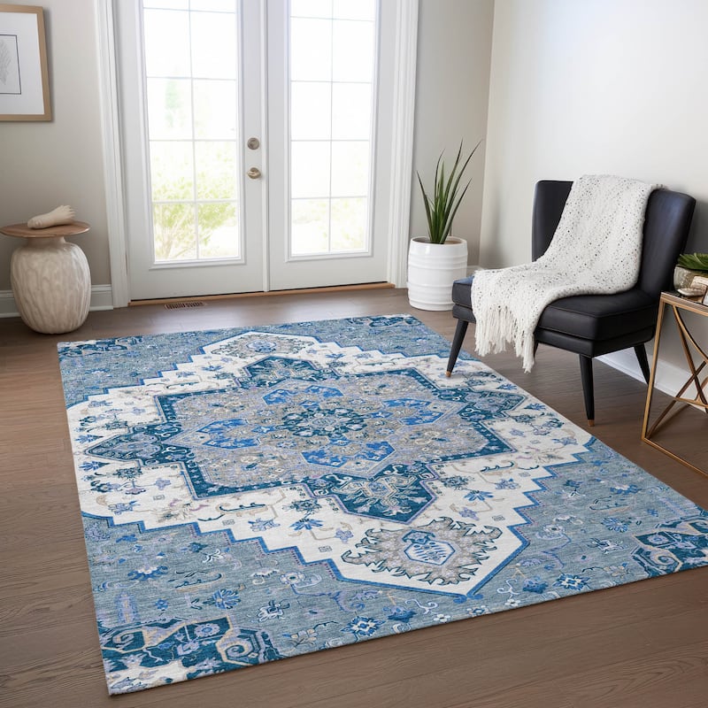 Machine Washable Indoor/ Outdoor Persian Traditional Chantille Rug - Blue - 10' x 14'