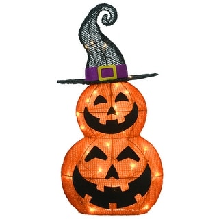 National Tree Company Halloween Pre-Lit Stacked Pumpkins in Witch's Hat Outdoor Decoration, LED Lights, 19 Inches