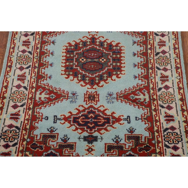 Light Blue Geometric Viss Indian Foyer Rug Handmade Wool Carpet - 2'11"x 4'9"