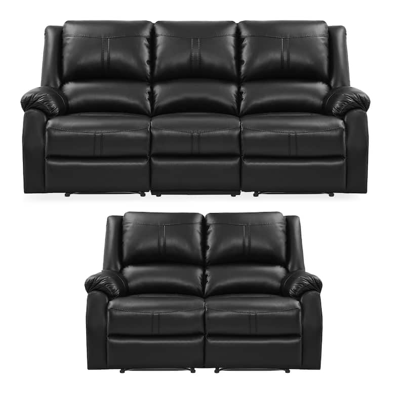 Modern Manual Recliner Chair, 2-Piece Faux Leather Reclining Sofa Set For Living Room, Black / Saddle Brown / Brown Double Color