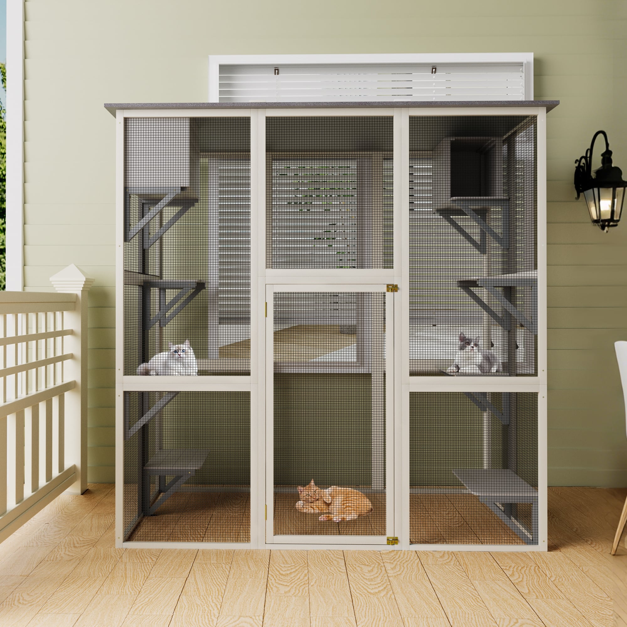 Wooden Outdoor Cat Enclosure, Walk-in Cat House with Weatherproof Asphalt Roof, Cats Shelter with 6 Platforms & 2 Napping Boxes